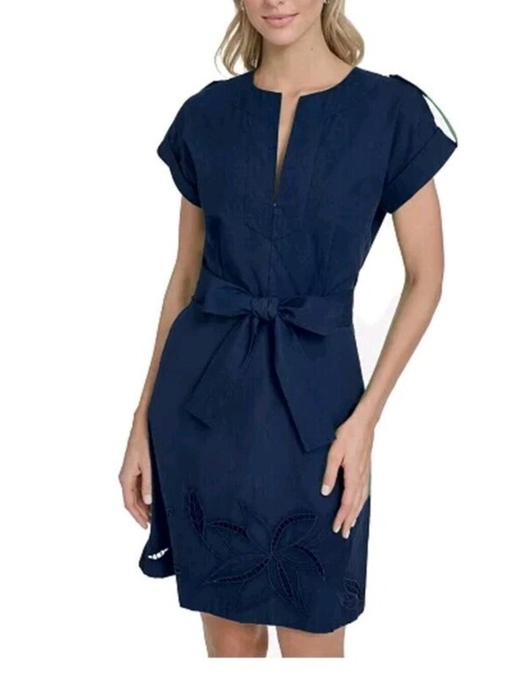 Vince Camuto V Neck Dress 12 Navy Embroidered Cut Out Float NWOT
